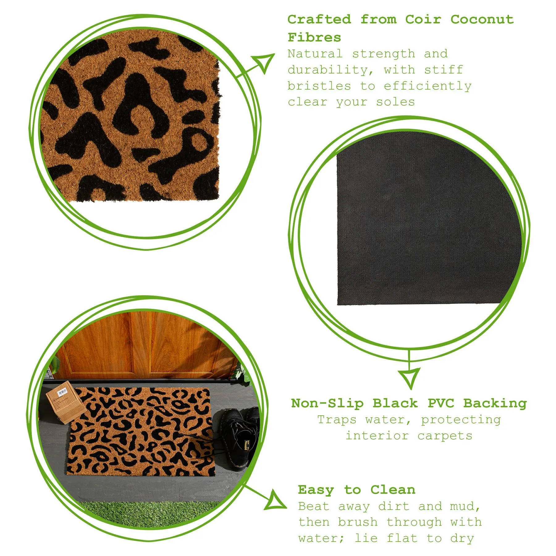 60cm x 40cm Black Leopard Print Coir Door Mat - By Nicola Spring