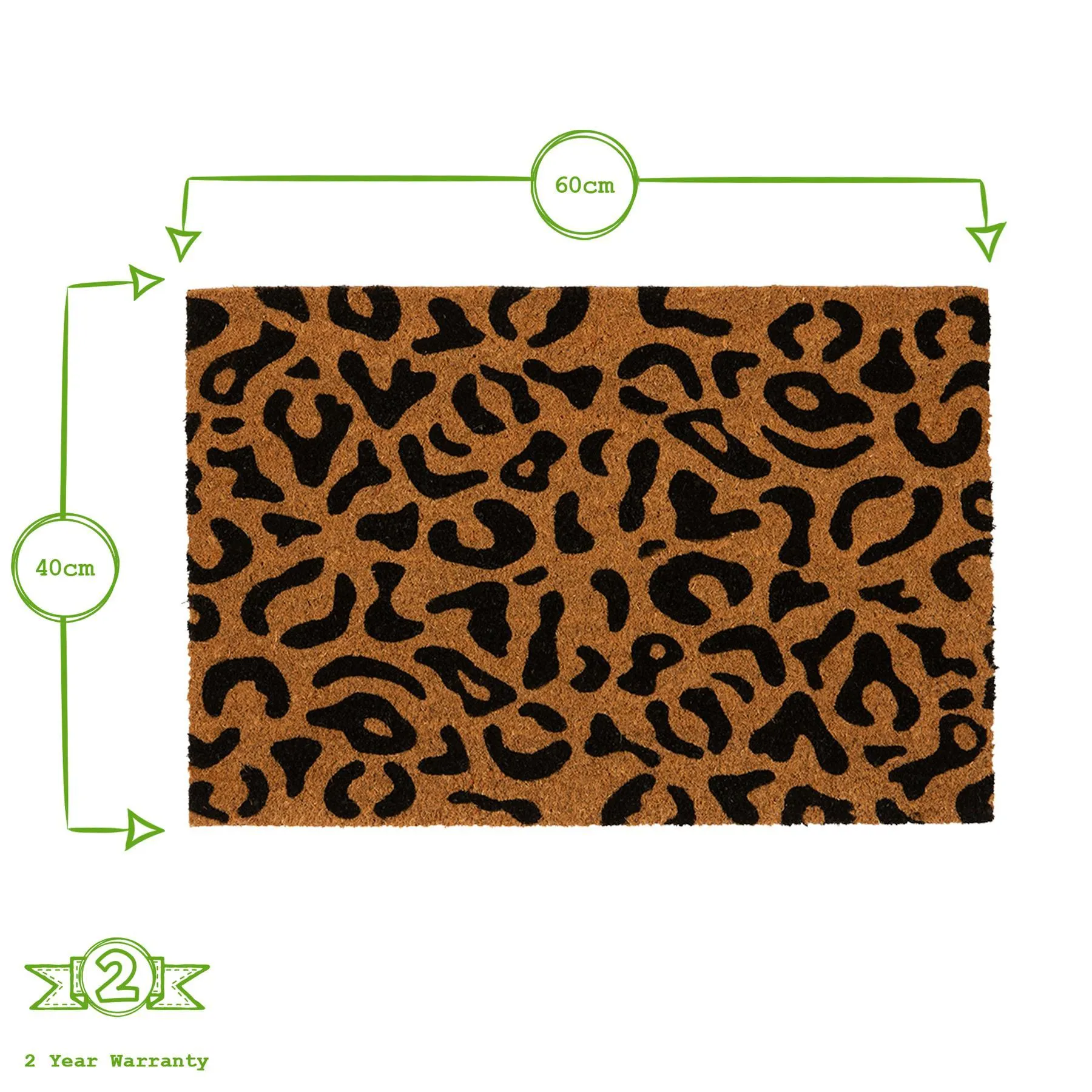 60cm x 40cm Black Leopard Print Coir Door Mat - By Nicola Spring