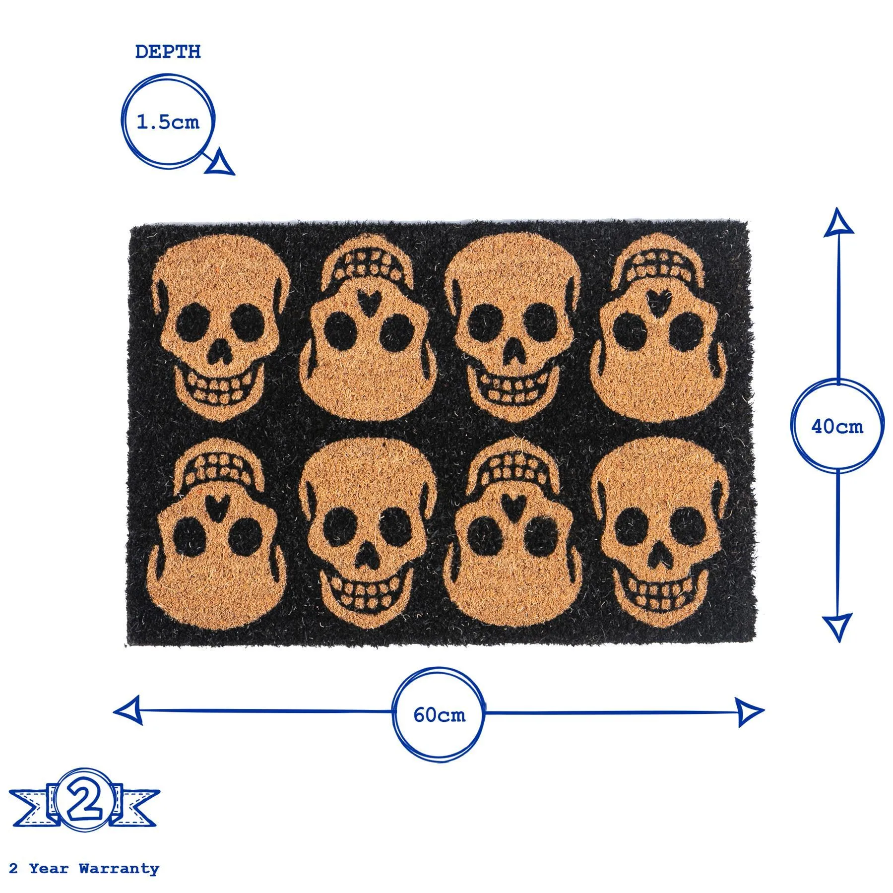 60cm x 40cm Black Skulls Coir Door Mat - By Nicola Spring