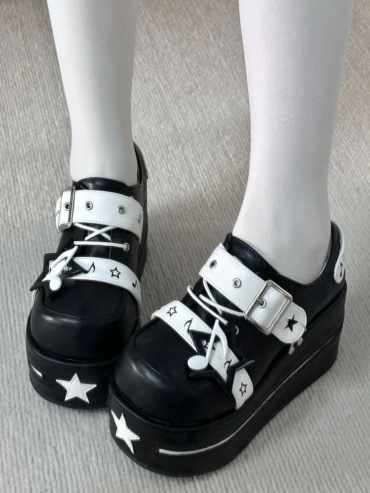 Black Jirai Kei Star Buckle Strap Platform Shoes
