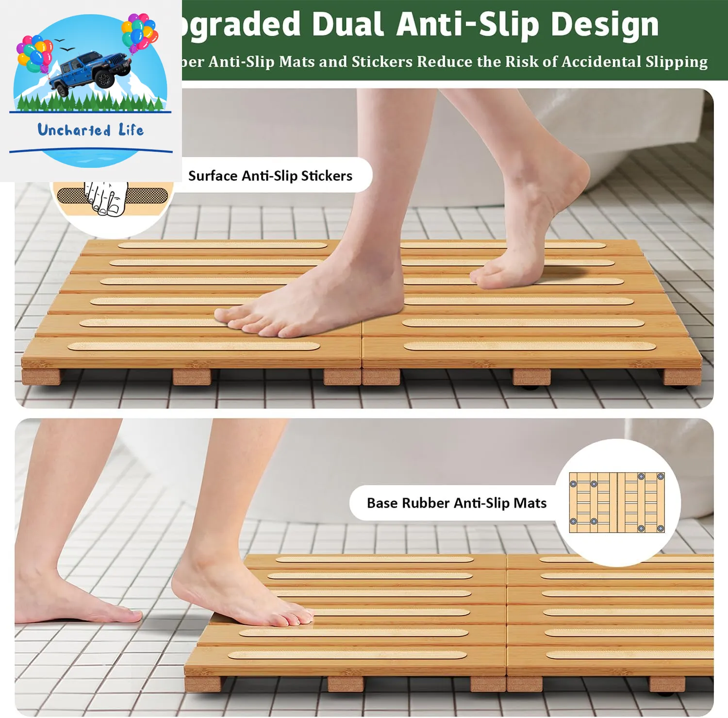 Foldable Bamboo Bath Mat: Dual Anti-Slip, Waterproof Design
