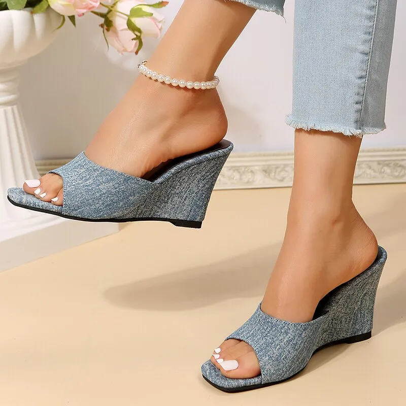 hulianfu Blue Denim Wedges Slippers Women Summer  Platform High Heels Sandals Woman Plus Size 43 Anti Slip Square Toe Beach Shoes
