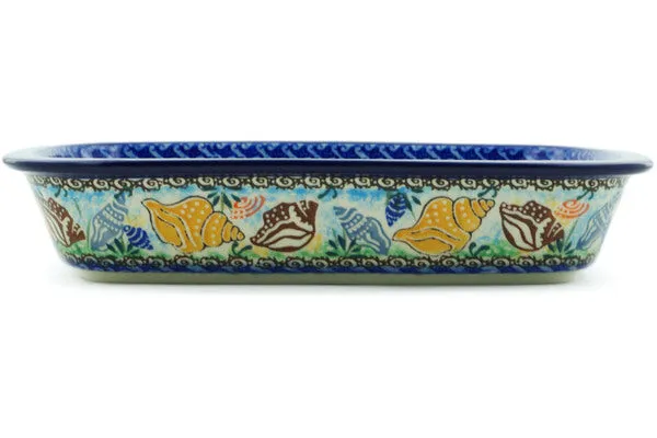 Polish Pottery 10-inch Rectangular Baker with Grip Lip Ocean Whisper UNIKAT